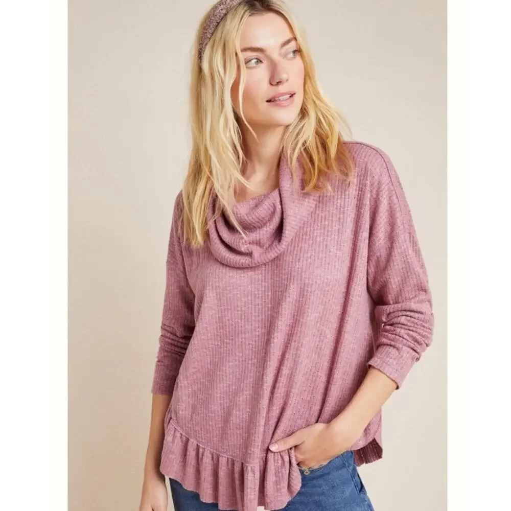 Anthropologie Maeve Addie Ruffled Hacci Sweater‎ in Mauve Size M